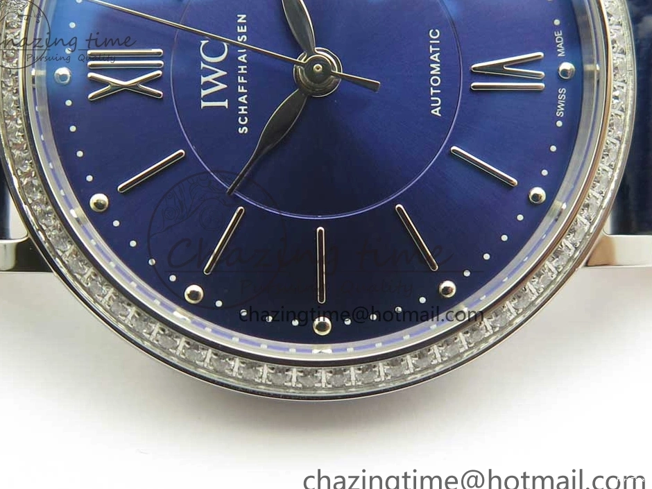 MIROTIME 0210 Fashionable Portofino IW458101 Diamond Bezel SS MK 1:1 Best Edition Blue Dial On Blue Leather Strap MIYOTA 7169